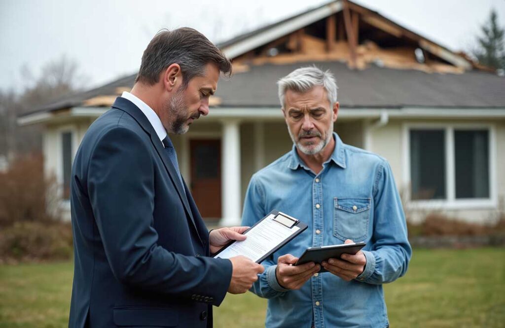 Homeowners reviewing an insurance policy beside a camera, home inventory, and storm-damaged roof photos.
